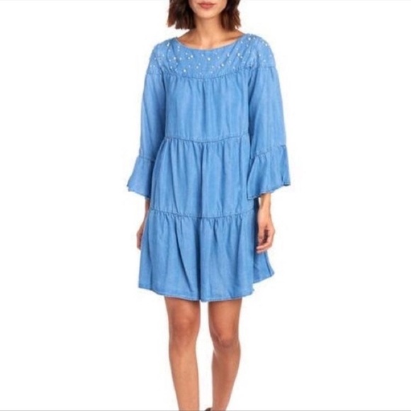 Chelsea & Theadore Chambray Pearls Tiered Dress LT Blue Size XL - Picture 3 of 11